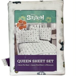 🆕 Disney Lilo And Stitch Queen Sheet Set 100% Cotton White w/Stitch & Pineapples